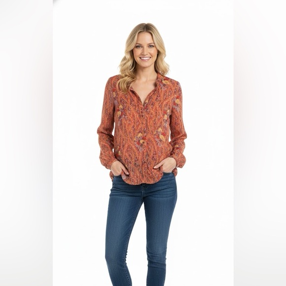 Lucky Brand Red and Purple Floral Paisley Button Down High-Low Hem Blouse MD - Picture 2 of 7